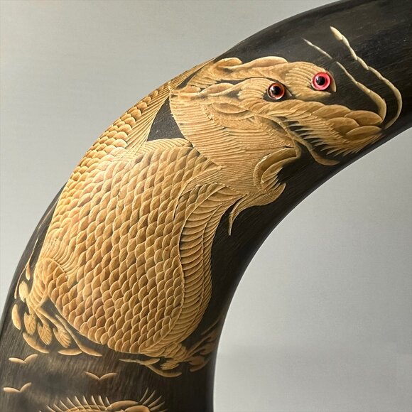 Vintage Hand-Carved Water Buffalo Horn Pair Dragon & Tiger Asian Art Decor - Picture 3 of 11